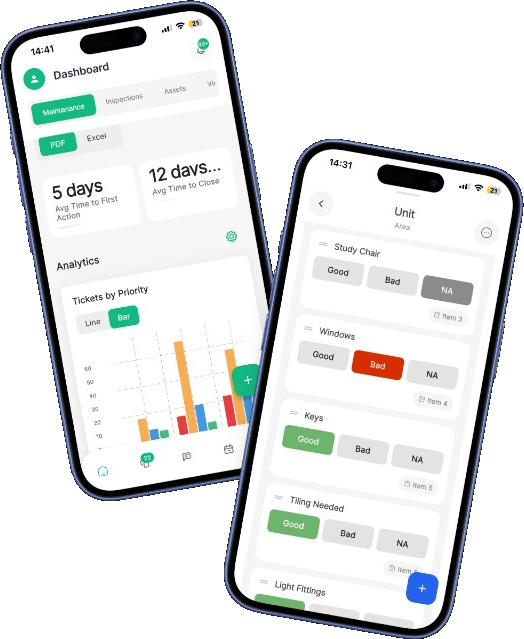 FixrBuddy mobile app showing dashboard and unit inspection screens